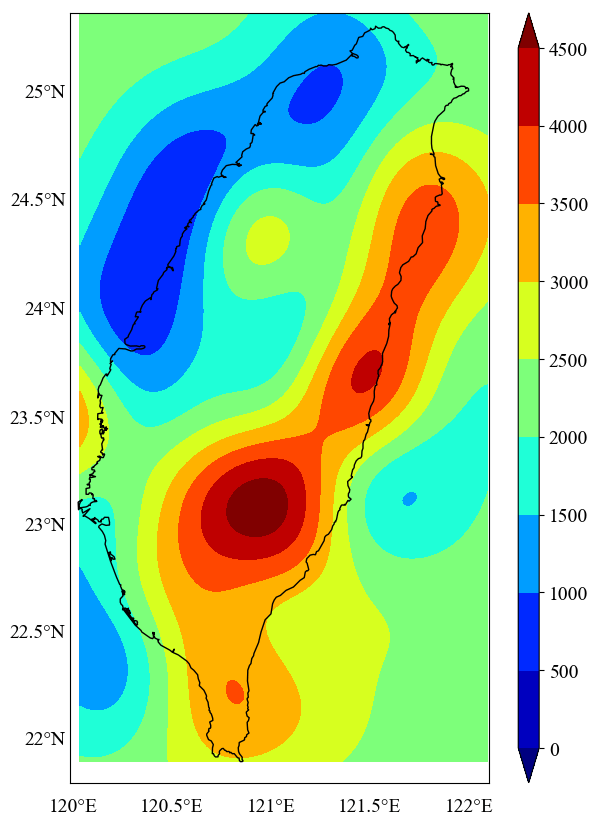 The kriging-interpolated field plotted over the whole map, before masking, spilling past the coastline
