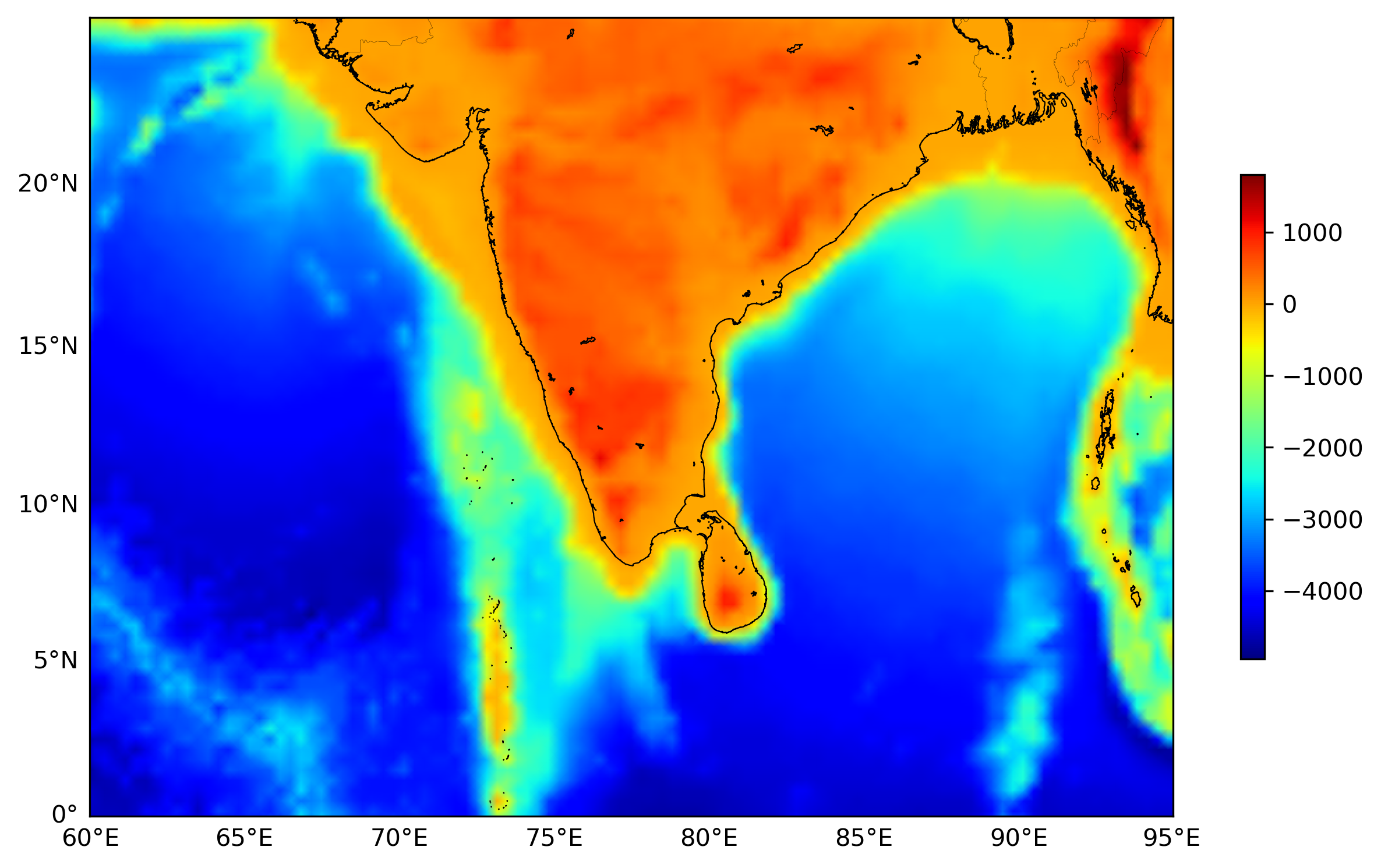 Topographic basemap with coastlines, borders and a latitude-longitude grid