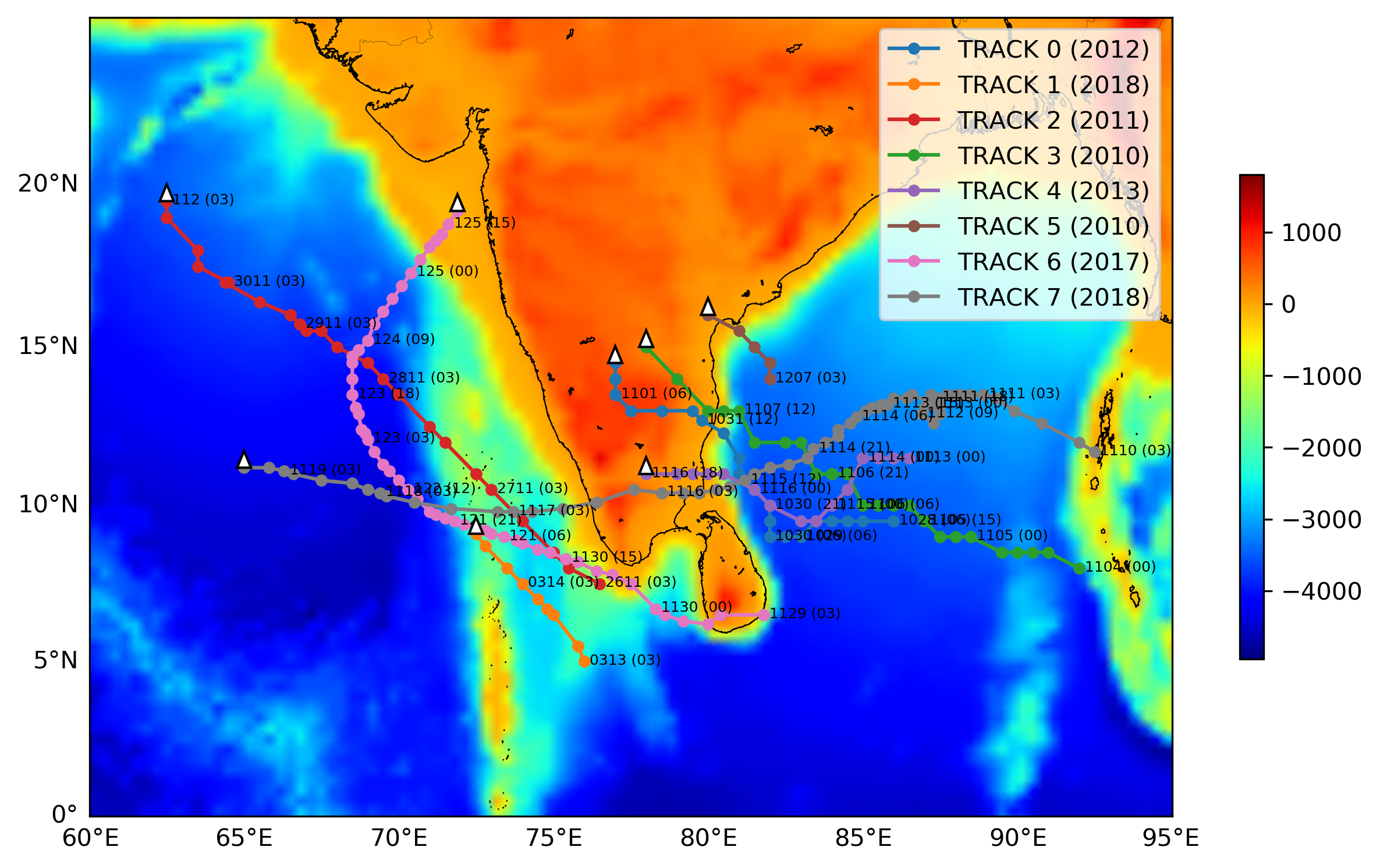 Tracks with a small triangle marking the end (direction) of each cyclone
