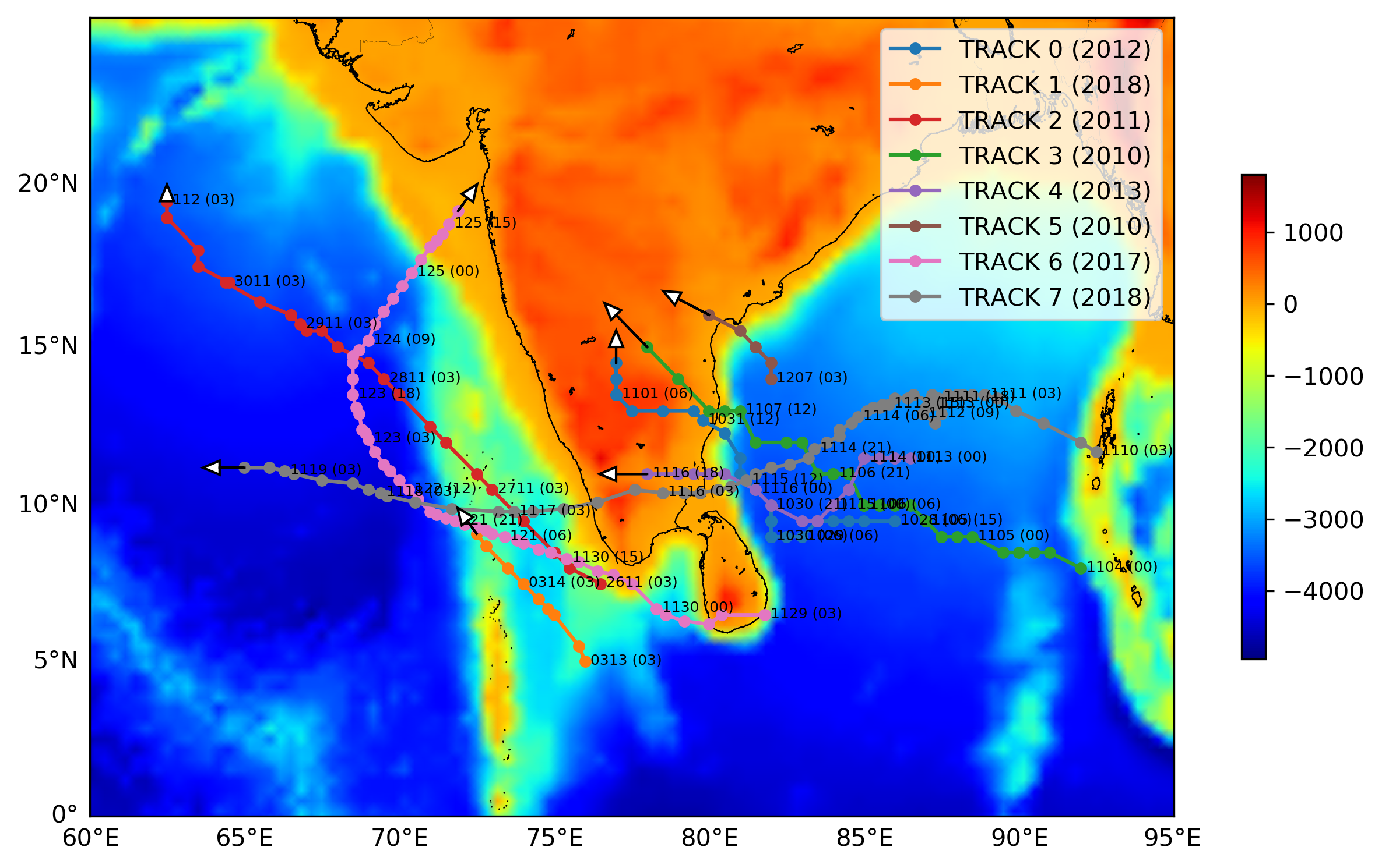 Plotting track and trajectory of tropical cyclones on a topographic map in python (codes included)
