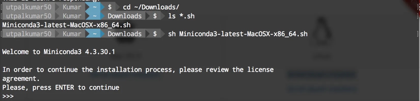 Miniconda installer prompt, step 1
