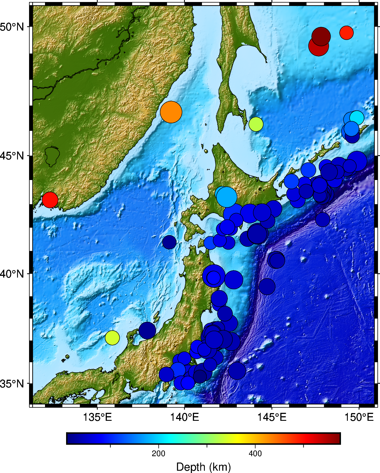 How to plot the earthquakes data on a topographic map
