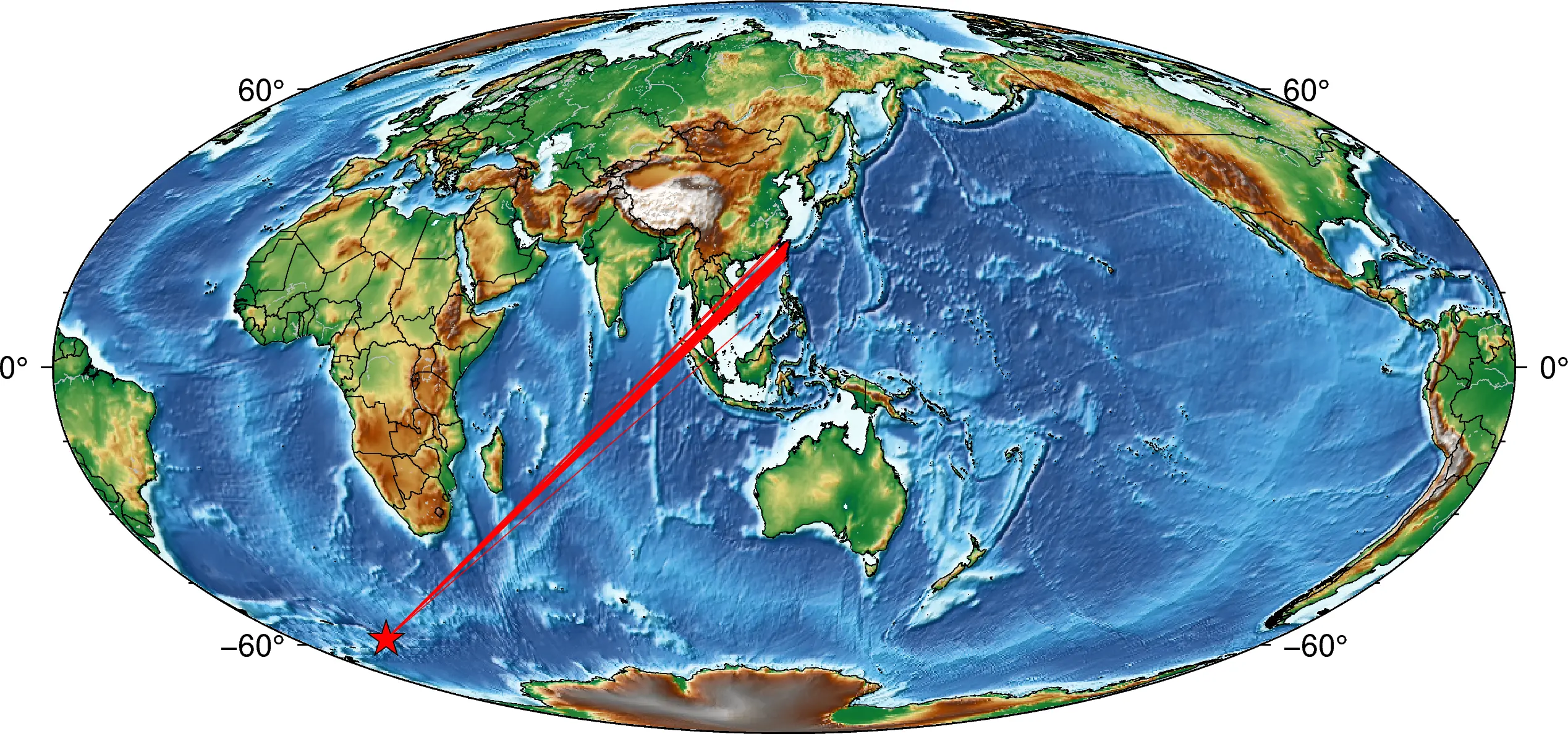 Event–station map on a Mollweide projection.