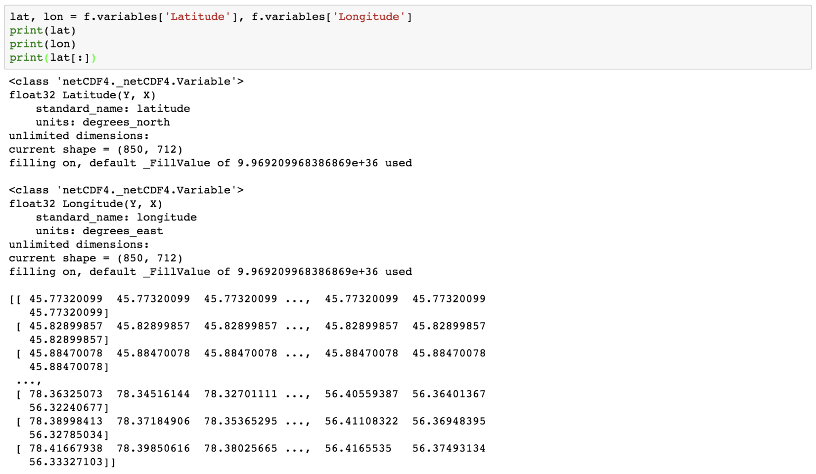 The Latitude and Longitude variables and their values