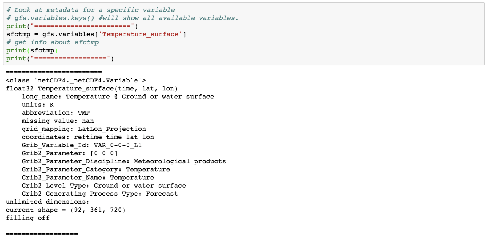Metadata for the surface temperature variable from the remote GFS dataset