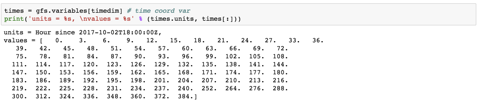 The time coordinate variable's units and values