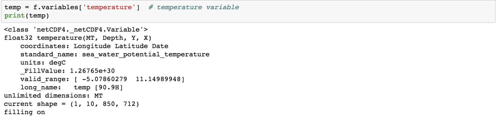 The temperature variable: type, dimensions, units and shape