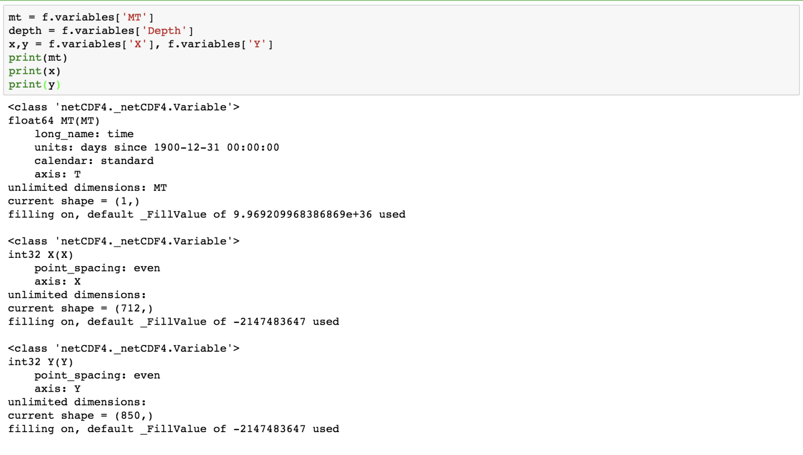 Metadata for the MT, X and Y coordinate variables
