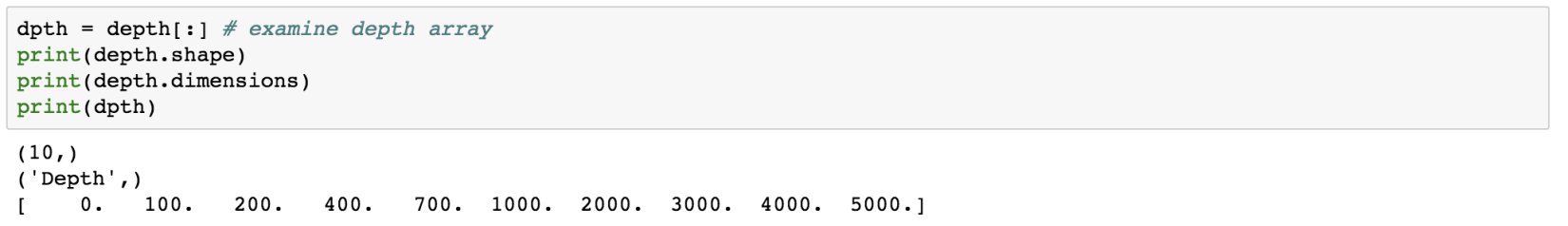 The depth array values, shape and dimensions