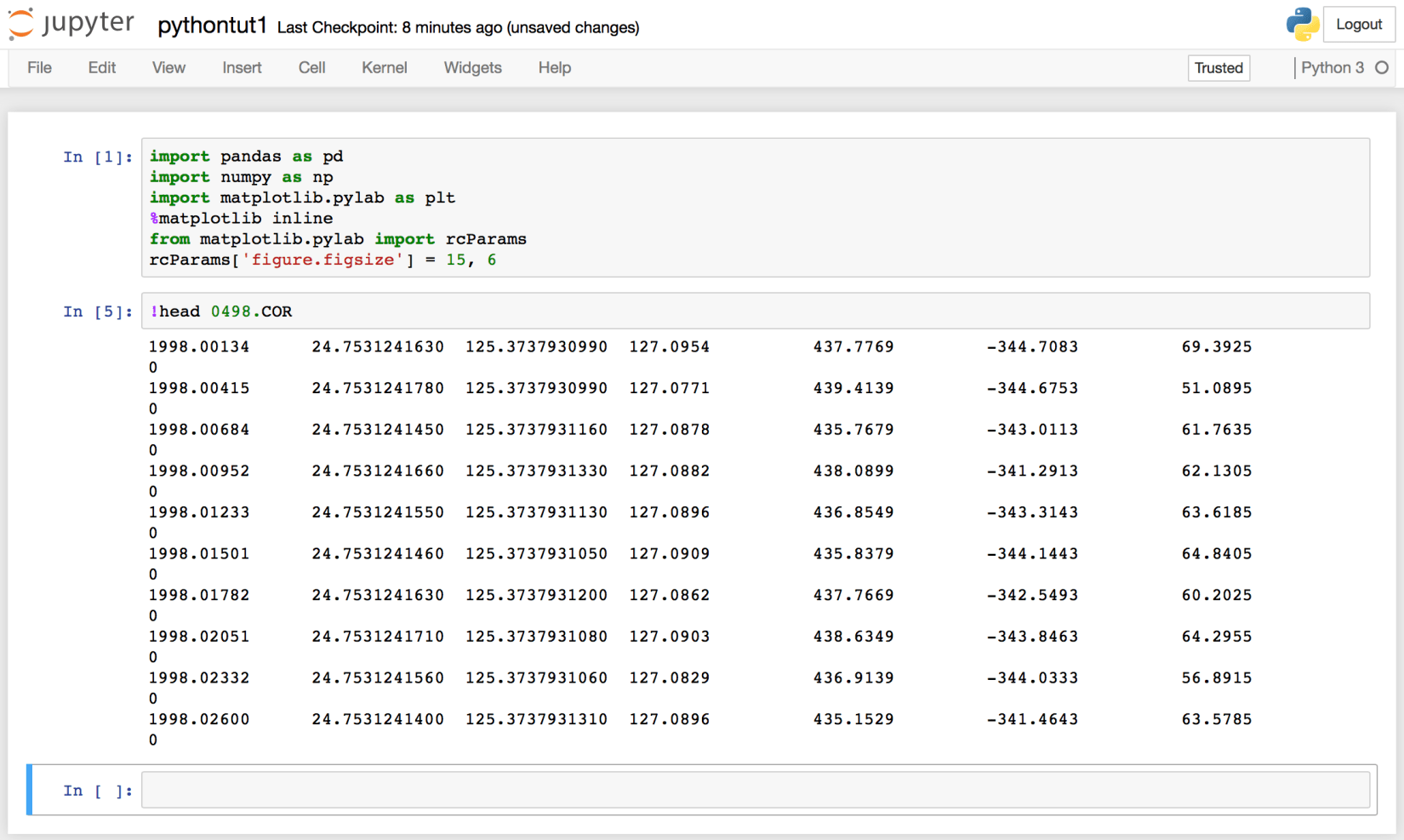 The first lines of the raw 0498.COR file shown with !head